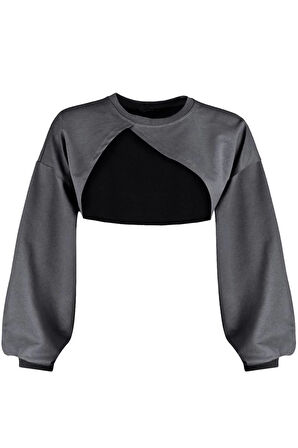 Kadın Moda Şık Crop Bisiklet Yaka Düşük Kol Crop Asimetrik Super Crop İnce Örme Sweatshirt