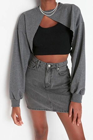 Kadın Moda Şık Crop Bisiklet Yaka Düşük Kol Crop Asimetrik Super Crop İnce Örme Sweatshirt