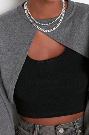 Kadın Moda Şık Crop Bisiklet Yaka Düşük Kol Crop Asimetrik Super Crop İnce Örme Sweatshirt