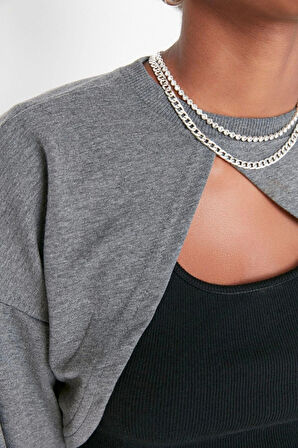 Kadın Moda Şık Crop Bisiklet Yaka Düşük Kol Crop Asimetrik Super Crop İnce Örme Sweatshirt