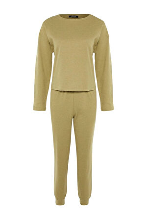 Kadın Moda Şık Bisiklet Yaka Boru Paça Uzun Kol Waffle Kumaş Örme Pijama Takımı