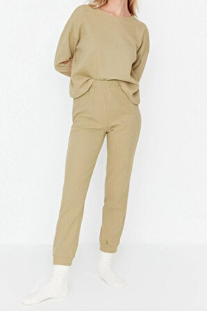 Kadın Moda Şık Bisiklet Yaka Boru Paça Uzun Kol Waffle Kumaş Örme Pijama Takımı