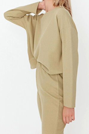 Kadın Moda Şık Bisiklet Yaka Boru Paça Uzun Kol Waffle Kumaş Örme Pijama Takımı