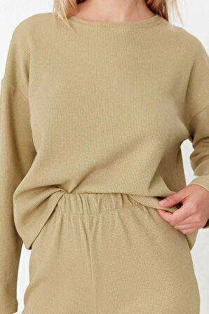 Kadın Moda Şık Bisiklet Yaka Boru Paça Uzun Kol Waffle Kumaş Örme Pijama Takımı