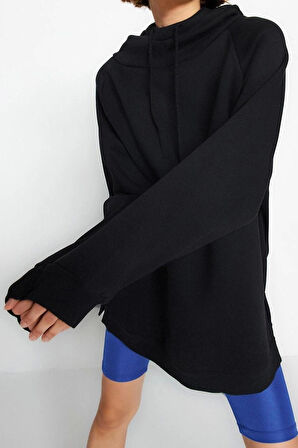 Kadın Moda Şık Bol Kapüşonlu Düşük Kol Uzun Şardonlu Örme Sweatshirt