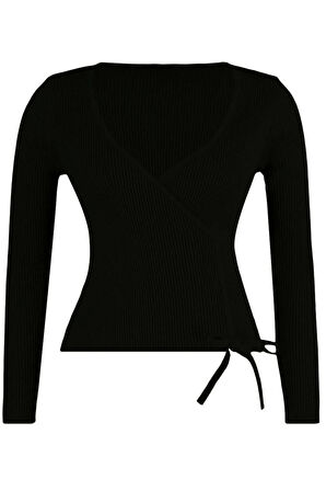Kadın Büyük Beden Moda Şık Crop Kruvaze Uzun Kol Düz Büzgü Detaylı İnce Triko Kazak
