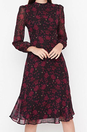 Yeni Regular Gündüz Gece Şifon Dokuma Dik Yaka Uzun Kol A-Line Midi Boy Elbise