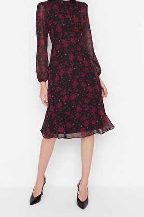 Yeni Regular Gündüz Gece Şifon Dokuma Dik Yaka Uzun Kol A-Line Midi Boy Elbise