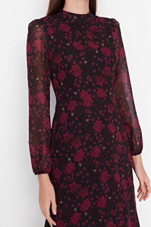 Yeni Regular Gündüz Gece Şifon Dokuma Dik Yaka Uzun Kol A-Line Midi Boy Elbise