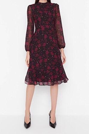 Yeni Regular Gündüz Gece Şifon Dokuma Dik Yaka Uzun Kol A-Line Midi Boy Elbise