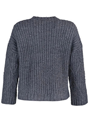 Kadın Moda Şık Regular Bisiklet Yaka Uzun Kol Saç Örgü Yumuşak Dokulu Geniş Kalıp Triko Kazak