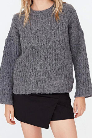 Kadın Moda Şık Regular Bisiklet Yaka Uzun Kol Saç Örgü Yumuşak Dokulu Geniş Kalıp Triko Kazak