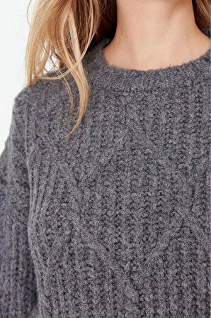 Kadın Moda Şık Regular Bisiklet Yaka Uzun Kol Saç Örgü Yumuşak Dokulu Geniş Kalıp Triko Kazak