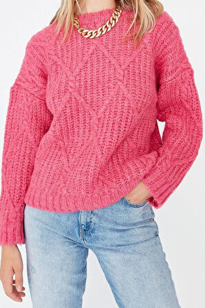 Kadın Moda Şık Regular Bisiklet Yaka Uzun Kol Saç Örgü Yumuşak Dokulu Geniş Kalıp Triko Kazak