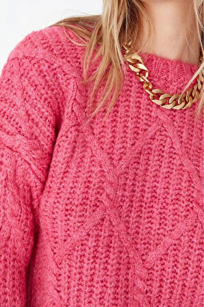 Kadın Moda Şık Regular Bisiklet Yaka Uzun Kol Saç Örgü Yumuşak Dokulu Geniş Kalıp Triko Kazak