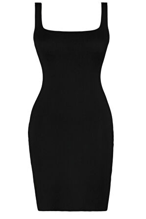 Yeni Fit Casual Günlük Tek Plaka Triko Kare Yaka Askılı Kol Bodycone Mini Boy Büyük Beden Elbise