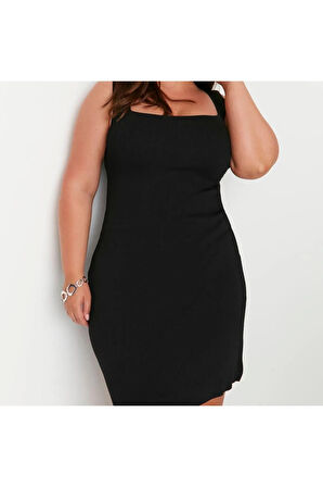 Yeni Fit Casual Günlük Tek Plaka Triko Kare Yaka Askılı Kol Bodycone Mini Boy Büyük Beden Elbise