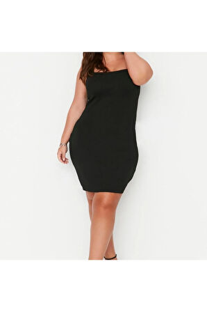 Yeni Fit Casual Günlük Tek Plaka Triko Kare Yaka Askılı Kol Bodycone Mini Boy Büyük Beden Elbise