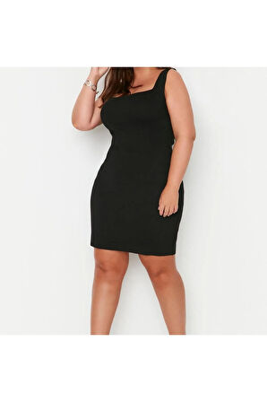 Yeni Fit Casual Günlük Tek Plaka Triko Kare Yaka Askılı Kol Bodycone Mini Boy Büyük Beden Elbise