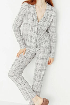 Kadın Moda Şık Gömlek Yaka Boru Paça Uzun Kol %100 Pamuklu Ekoseli Örme Pijama Takımı