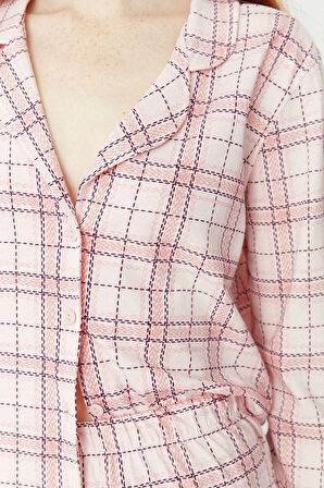 Kadın Moda Şık Gömlek Yaka Boru Paça Uzun Kol %100 Pamuklu Ekoseli Örme Pijama Takımı