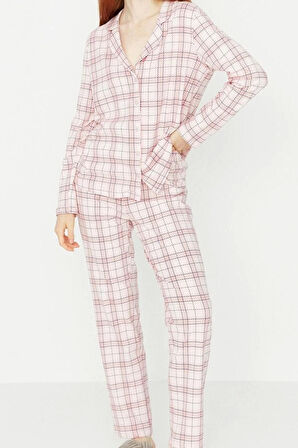Kadın Moda Şık Gömlek Yaka Boru Paça Uzun Kol %100 Pamuklu Ekoseli Örme Pijama Takımı