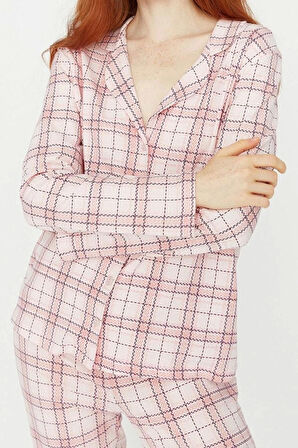 Kadın Moda Şık Gömlek Yaka Boru Paça Uzun Kol %100 Pamuklu Ekoseli Örme Pijama Takımı