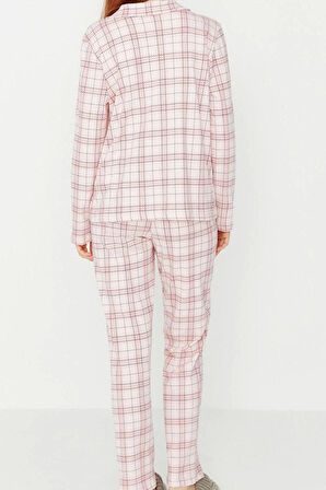 Kadın Moda Şık Gömlek Yaka Boru Paça Uzun Kol %100 Pamuklu Ekoseli Örme Pijama Takımı