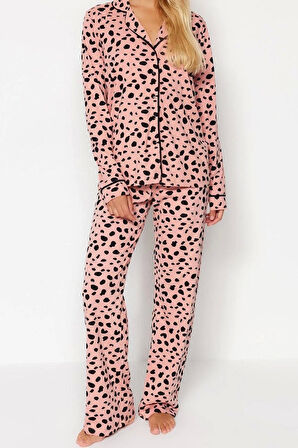 Kadın %100 Pamuk Gömlek Yaka Uzun Kol %100 Pamuk Leopar Desenli Gömlek-Pantolon Örme Pijama Takımı