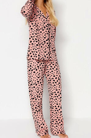 Kadın %100 Pamuk Gömlek Yaka Uzun Kol %100 Pamuk Leopar Desenli Gömlek-Pantolon Örme Pijama Takımı
