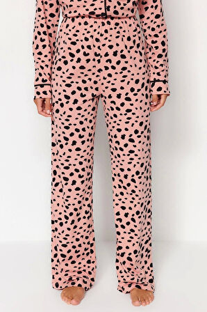 Kadın %100 Pamuk Gömlek Yaka Uzun Kol %100 Pamuk Leopar Desenli Gömlek-Pantolon Örme Pijama Takımı