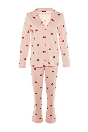 Kadın Moda Şık Ceket Yaka Boru Paça Uzun Kol %100 Pamuklu Kalp Desenli Örme Pijama Takımı