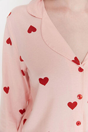 Kadın Moda Şık Ceket Yaka Boru Paça Uzun Kol %100 Pamuklu Kalp Desenli Örme Pijama Takımı