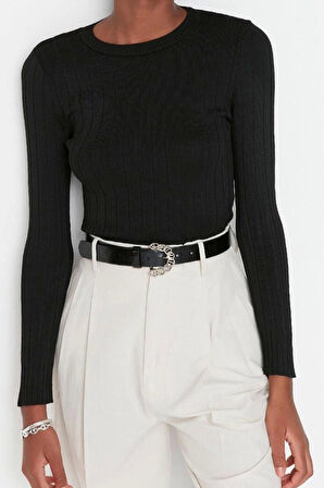 Kadın Moda Şık Regular Bisiklet Yaka Uzun Kol Düz Basic Triko Kazak