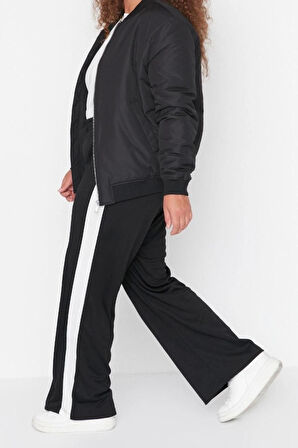 Kadın Moda Büyük Beden Geniş Paça Uzun Boy Örme Beli Lastikli Şerit Detaylı Geniş Paça Örme Pantolon