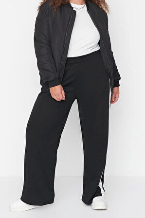 Kadın Moda Büyük Beden Geniş Paça Uzun Boy Örme Beli Lastikli Şerit Detaylı Geniş Paça Örme Pantolon