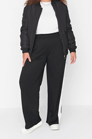 Kadın Moda Büyük Beden Geniş Paça Uzun Boy Örme Beli Lastikli Şerit Detaylı Geniş Paça Örme Pantolon