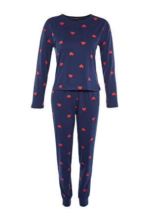 Kadın Moda Şık Bisiklet Yaka Boru Paça Uzun Kol %100 Pamuklu Kalpli Örme Pijama Takımı