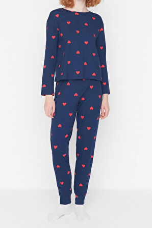 Kadın Moda Şık Bisiklet Yaka Boru Paça Uzun Kol %100 Pamuklu Kalpli Örme Pijama Takımı