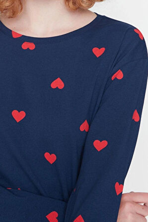 Kadın Moda Şık Bisiklet Yaka Boru Paça Uzun Kol %100 Pamuklu Kalpli Örme Pijama Takımı