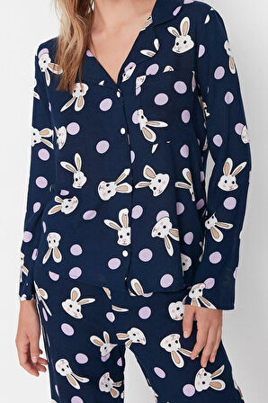 Kadın Moda Şık Gömlek Yaka Boru Paça Uzun Kol Tavşan Desenli Viskon Dokuma Pijama Takımı