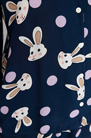 Kadın Moda Şık Gömlek Yaka Boru Paça Uzun Kol Tavşan Desenli Viskon Dokuma Pijama Takımı