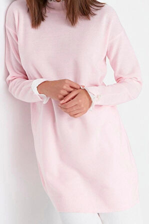 Kadın Tesettür Moda Şık Midi Bisiklet Yaka Uzun Kol Düz Pembe Kolu İnci Detaylı Triko Kazak