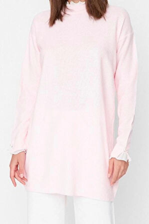 Kadın Tesettür Moda Şık Midi Bisiklet Yaka Uzun Kol Düz Pembe Kolu İnci Detaylı Triko Kazak