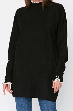 Kadın Tesettür Moda Şık Midi Bisiklet Yaka Uzun Kol Düz Pembe Kolu İnci Detaylı Triko Kazak