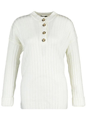 Kadın Tesettür Moda Şık Regular Düğmeli Yaka Uzun Kol Düz Yakası Düğmeli Fitilli Triko Kazak