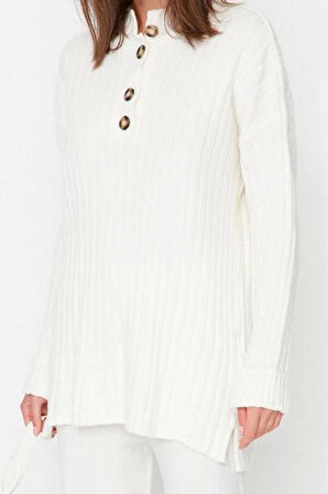 Kadın Tesettür Moda Şık Regular Düğmeli Yaka Uzun Kol Düz Yakası Düğmeli Fitilli Triko Kazak