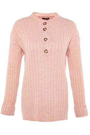 Kadın Tesettür Moda Şık Regular Düğmeli Yaka Uzun Kol Düz Yakası Düğmeli Fitilli Triko Kazak