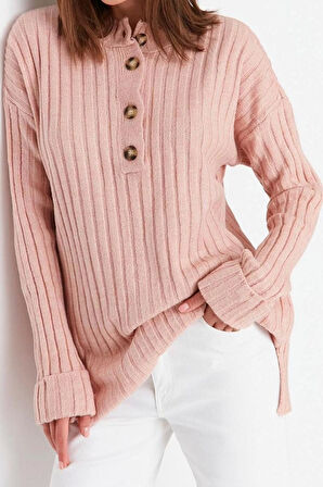 Kadın Tesettür Moda Şık Regular Düğmeli Yaka Uzun Kol Düz Yakası Düğmeli Fitilli Triko Kazak