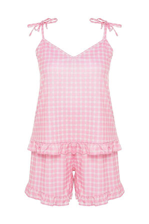 Büyük Beden Kadın Polyester V Yaka Askılı Kol Baskılı Askılı Örme Pijama Takımı